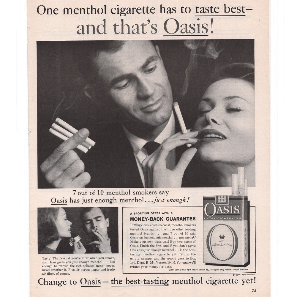 Oasis Cigarette Magazine Advertisement Vintage 1960s Tobacciana Menthol B&W